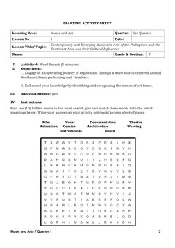 Grade 7 Music and Arts Activity Sheet | PDF | Learning | The Arts