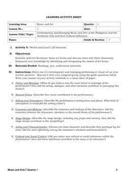 Grade 7 Music and Arts Activity Sheet | PDF | Learning | The Arts