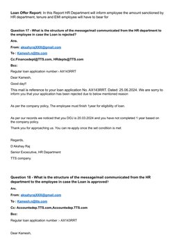 Loan Offer Report: In this Report HR Department will inform employee the amount sanctioned by
HR department, tenure and EMI e