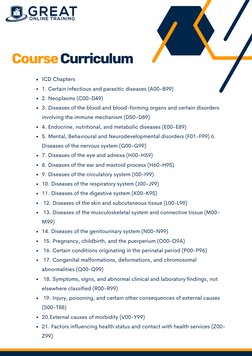 Course Curriculum
ICD Chapters
ICD Chapters
1. Certain infectious and parasitic diseases (A00-B99) 
2. Neoplasms (C00-D49)