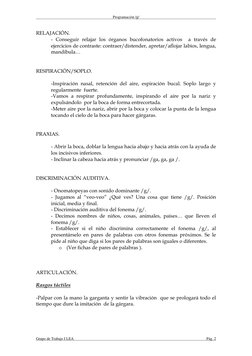 Programación /g/ 
 
RELAJACIÓN. 
- Conseguir relajar los órganos bucofonatorios activos  a través de 
ejercicios de contras