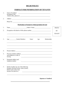 DELHI POLICE
FORMAT FOR INFORMATION OF TENANTS
1.
Name of Landlord
__________________________________________________
Occupat