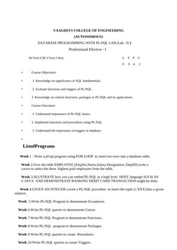 VAAGDEVI COLLEGE OF ENGINEERING
(AUTONOMOUS)
DATABASE PROGRAMMING WITH PL/SQL LAB (Lab - II )