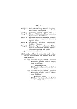 S.Y.B.A. / 7
Group ‘G’ : Logic and Methodology of Science, Geography,
Music, Public Administration.
Group ‘H’ : Psychology, G