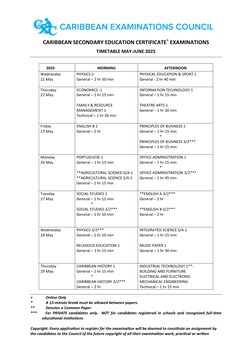 CSEC Exam Timetable May-June 2025 | PDF | Science | Engineering