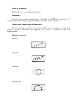 Pontos de Articulação
É o lugar do corpo onde será realizado o sinal.
Movimento
É o deslocamento da mão no espaço durante a r