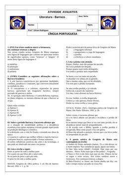 ATIVIDADE  AVALIATIVA
Literatura - Barroco
Ano/ Série:
Nome:
Núm:
Prof.º Gilvan Rodrigues