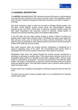 OSMOSIS AQE-60 (REV-3) 
 
01-05 
7
1-7
 
1.2 GENERAL DESCRIPTION 
 
The GEFICO AQUAMAR ELECTRIC Reverse Osmosis (RO) plant