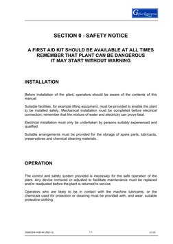 OSMOSIS AQE-60 (REV-3) 
 
01-05 
1
1-1
 
 
 
SECTION 0 - SAFETY NOTICE 
 
 
A FIRST AID KIT SHOULD BE AVAILABLE AT ALL TIME