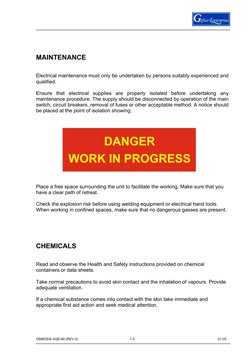 OSMOSIS AQE-60 (REV-3) 
 
01-05 
2
1-2
 
 
 
 
MAINTENANCE 
 
 
Electrical maintenance must only be undertaken by persons s