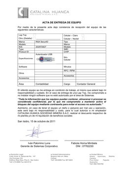 ACTA DE ENTREGA DE EQUIPO 
Por  medio  de  la  presente  acta  dejo  constancia  de  recepción  del  equipo  de  las 
siguien