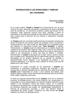 INTRODUCCIÓN A LAS AFINACIONES Y TEMPLES  
DEL CHARANGO 
 
 
 
Omar Ponce Valdivia 
Musicólogo 
 
 
En la música andina, Temp