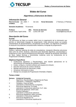 Redes y Comunicaciones de Datos
 
 
1
Sílabo del Curso 
Algoritmos y Estructura de Datos 
Información General 
Plan Curricu