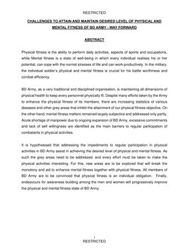 RESTRICTED 
 
i 
RESTRICTED 
CHALLENGES TO ATTAIN AND MAINTAIN DESIRED LEVEL OF PHYSICAL AND 
MENTAL FITNESS OF BD ARMY - WAY