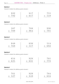 Page 1/1
MATHS CM1 - Toupty.com  (https://www.toupty.com/exercice-math-cm1.html)- Additions - Fiche 2
Exercice 1
Calculer le