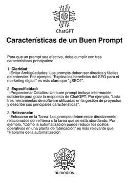 ai.medios
Para que un prompt sea efectivo, debe cumplir con tres características principales:
1. Claridad: 
  -Evitar Ambigüe