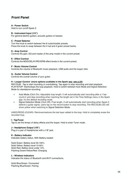 06
A - Power Switch  
Hold to turn on/off Spark 2. 
B - Instrument Input (1/4”)  
For general electric guitars, acoustic guit