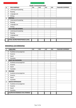 Grade 3 assessment book 
 
 
4 
WILD ANIMALS 
E.E 
M.E 
A.E 
B.E 
TEACHER COMMENT 
 
✓ Listening and speaking 
 
 
 
 
 
 
✓