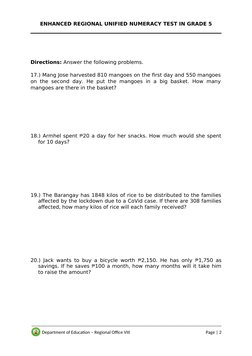 Grade 5 Enhanced Numeracy Pretest | PDF