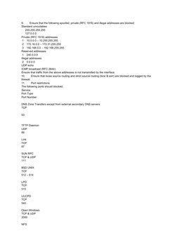 9.        Ensure that the following spoofed, private (RFC 1918) and illegal addresses are blocked:
Standard unroutables
·