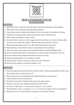 1 
 
 
 
GRADE 11: ENGLISH HOME LANGUAGE  
TSOTSI QUESTIONS 
CHAPTER 1 
1. Identify why Tsotsi is silent for most of the chap