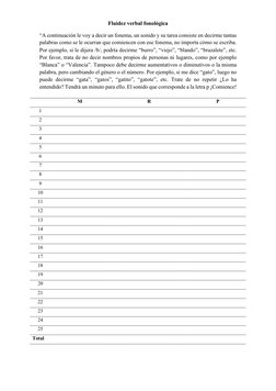 Fluidez verbal fonológica 
“A continuación le voy a decir un fonema, un sonido y su tarea consiste en decirme tantas 
palabra