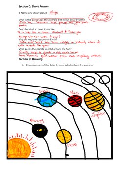 Section C: Short Answer
1. Name one dwarf planet: ______________.
What is the purpose of the asteroid belt in our Solar Syste