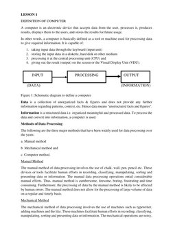 LESSON 1 
DEFINITION OF COMPUTER 
A computer is an electronic device that accepts data from the user, processes it, produces