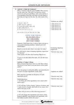 Grade 7 Lesson Plan: Algebra Expressions | PDF | Algebra | Equations