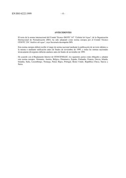 EN ISO 6222:1999
- 4 -
ANTECEDENTES
El texto de la norma internacional del Comité Técnico ISO/TC 147 "Calidad del Agua", de l
