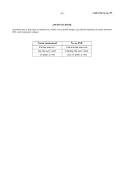 - 9 -
UNE-EN ISO 6222
ANEXO NACIONAL
Las normas que se relacionan a continuación, citadas en esta norma europea, han sido inc