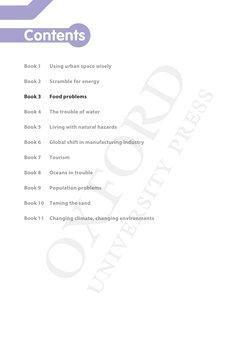 Contents
Book 1 
Using urban space wisely
Book 2 
Scramble for energy
Book 3 
Food problems
Book 4 
The trouble of water
Book