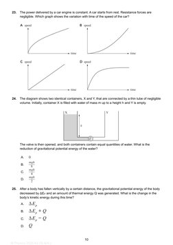 10 
IB Physics 2025 A3 (SL&HL) 
23. The power delivered by a car engine is constant. A car starts from rest. Resistance force