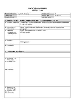 Grade 3 Matatag Curriculum Lesson Plan | PDF