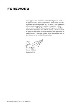 8  APPROVED CODE OF PRACTICE FOR DEMOLITION
FOREWORD
I have approved this statement of preferred work practices, which is
an