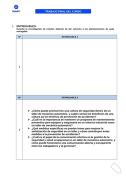 TRABAJO FINAL DEL CURSO
3.
 ENTREGABLES: 
Durante la investigación de estudio, deberán de dar solución a los planteamientos d
