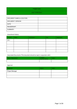 Project xxxx
TEST STRATEGY
DOCUMENT NAME & LOCATION:
DOCUMENT VERSION:
DATE:
READERSHIP:
SUMMARY:
Amendment History
Version
D