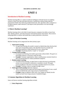MACHINE LEARNING  R23
UNIT-1
Introduction to Machine Learning
Machine learning (ML) is a subset of artificial intelligence (A