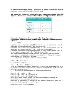 21. Dados los siguientes datos relativos a tres proyectos de inversión y considerando un tipo de
actualización o descuento de