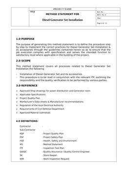 Diesel Generator Installation Method Statement | PDF | Quality ...