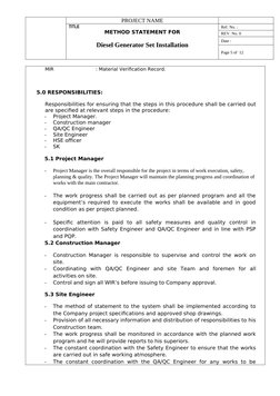 Diesel Generator Installation Method Statement | PDF | Quality ...