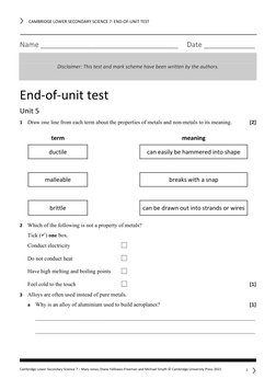 End-of-Unit Test: Science Year 7 | PDF | Metals | Ductility