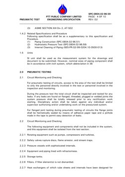 PNEUMATIC TEST 
 
 
 
 
PTT PUBLIC COMPANY LIMITED 
ENGINEERING SPECIFICATION 
 
 
 
 SPC-0804.02-96.59 
 PAGE:  4