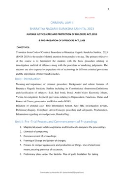 1 
 
Mrs. SUJATHA  
CRIMINAL LAW II  
BHARATIYA NAGARIK SURAKSHA SANHITA, 2023 
JUVENILE JUSTICE (CARE AND PROTECTION OF CHIL