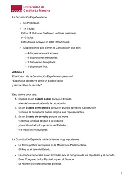 La Constitución Española tiene: 
• Un Preámbulo.  
• 11 Títulos. 
Estos 11 títulos se dividen en un título preliminar  
y
