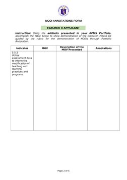Sample Annotation Form For T2 NCOI Annotation Form for Teacher II | PDF | Annotation | Teachers