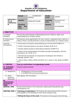 Kindergarten Matatag Lesson Plan | PDF | Curriculum | Teachers