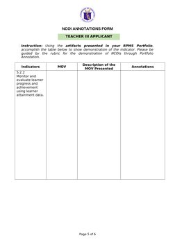Sample Annotation Form NCOI Annotation Form for Teacher III | PDF | Annotation | Human ...