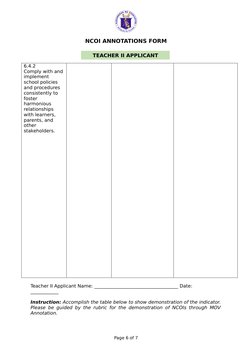 Sample Annotation Form NCOI Annotation Form for Teacher II | PDF | Teachers | Learning