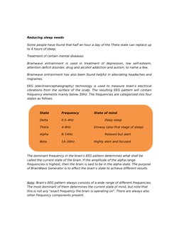 Reducing sleep needs
Some people have found that half an hour a day of the Theta state can replace up  
to 4 hours of sleep.